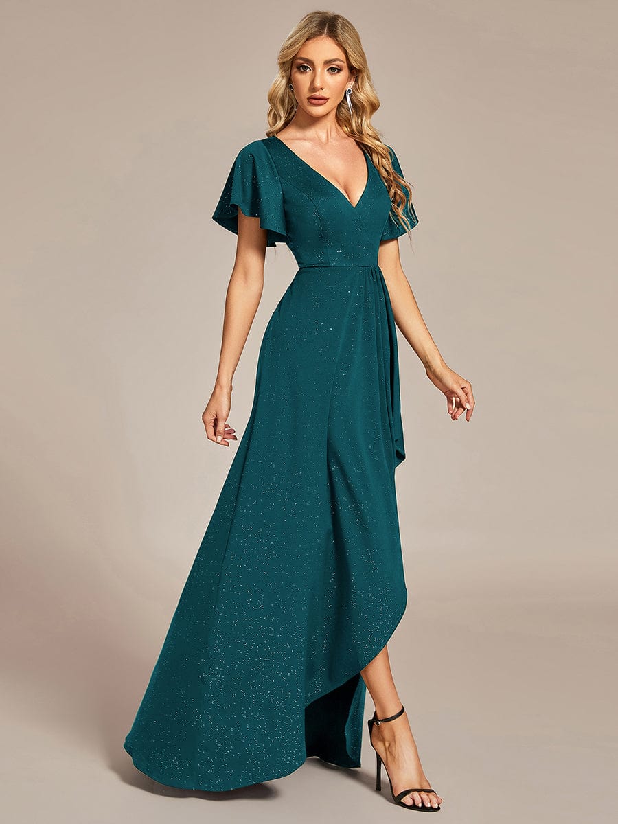 Glitter High-Low Front Side Slit Ruffled V-Neck Evening Dress #color_Teal