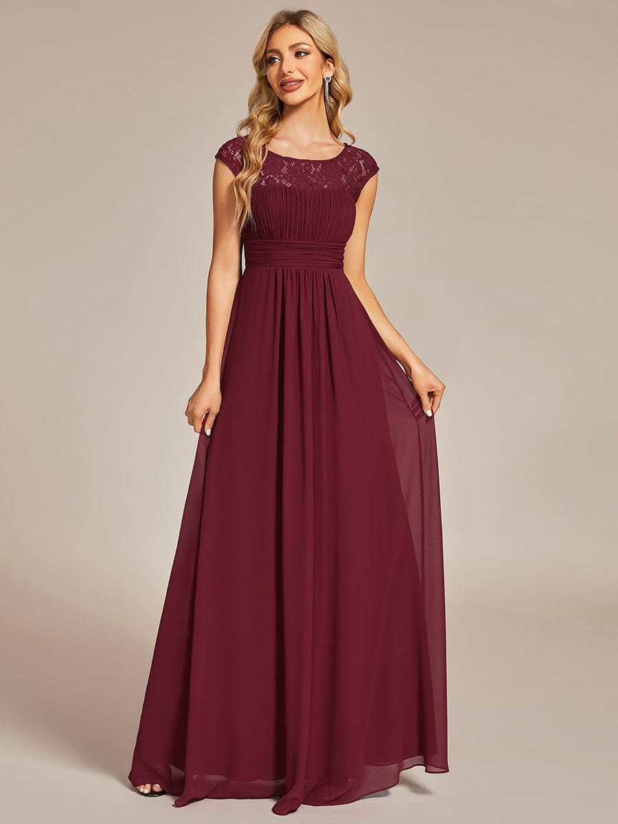 Elegant Chiffon Maxi Evening Dress with Lace Cap Sleeve  #Color_Burgundy