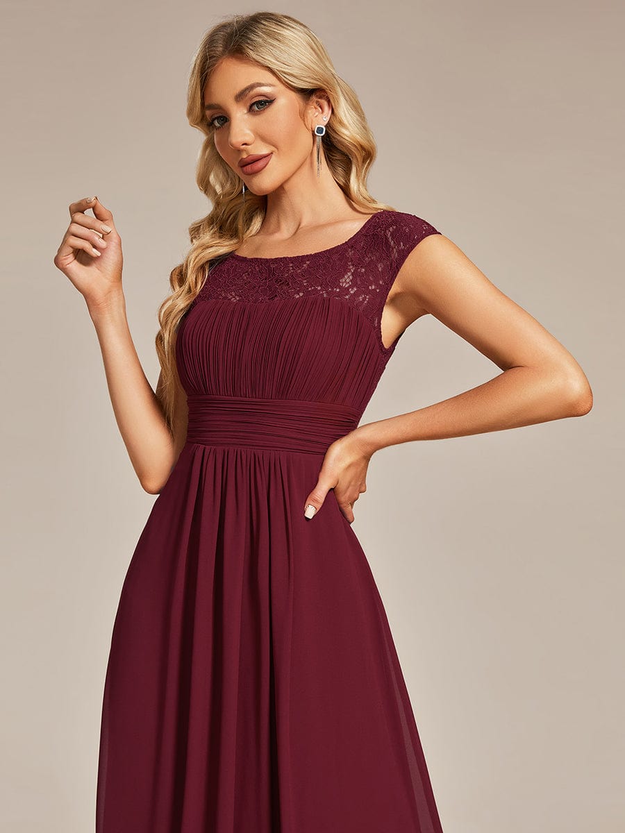 Elegant Chiffon Maxi Evening Dress with Lace Cap Sleeve  #Color_Burgundy