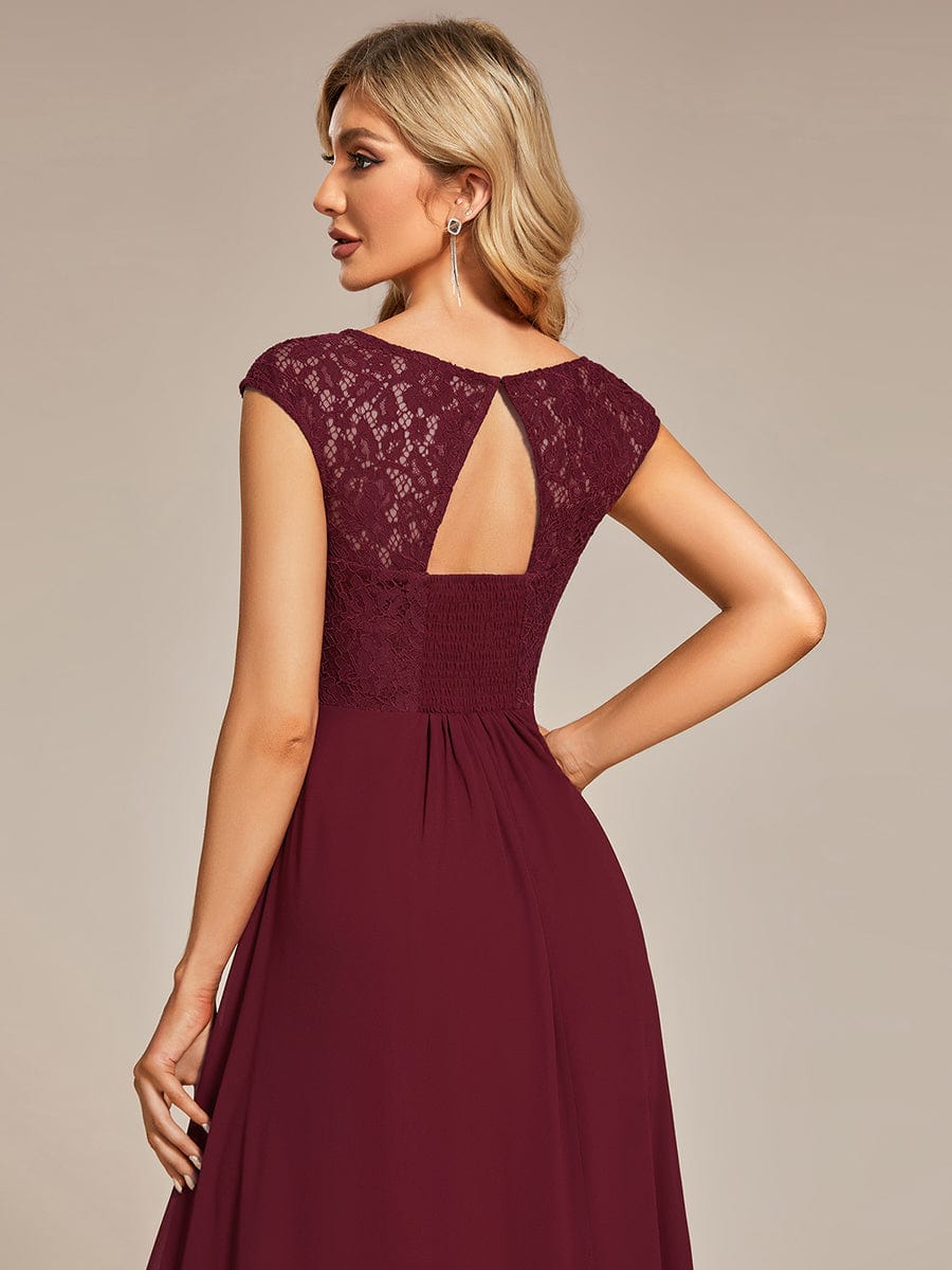 Elegant Chiffon Maxi Evening Dress with Lace Cap Sleeve  #Color_Burgundy