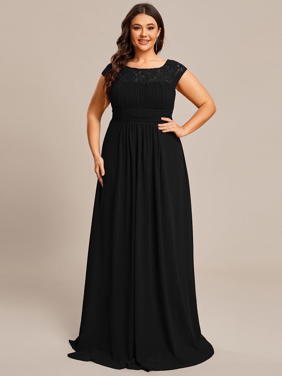 Plus Size Empire Waist Lace Bodice Evening Dress #Color_Black