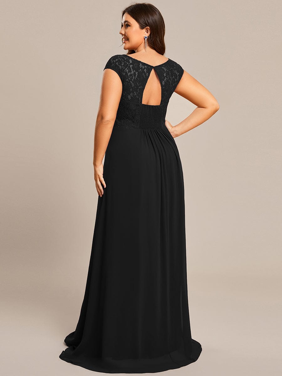 Elegant Chiffon Maxi Evening Dress with Lace Cap Sleeve #Color_Black