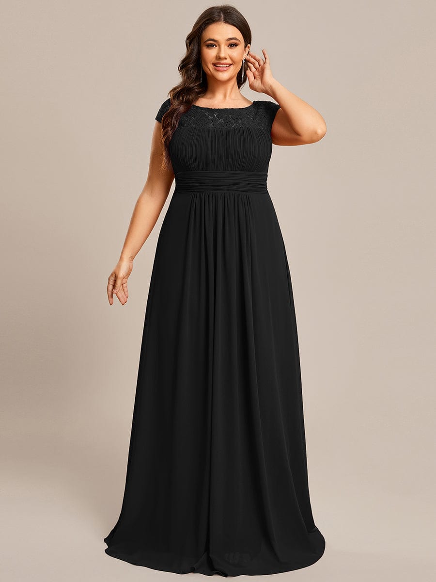 Elegant Chiffon Maxi Evening Dress with Lace Cap Sleeve #Color_Black