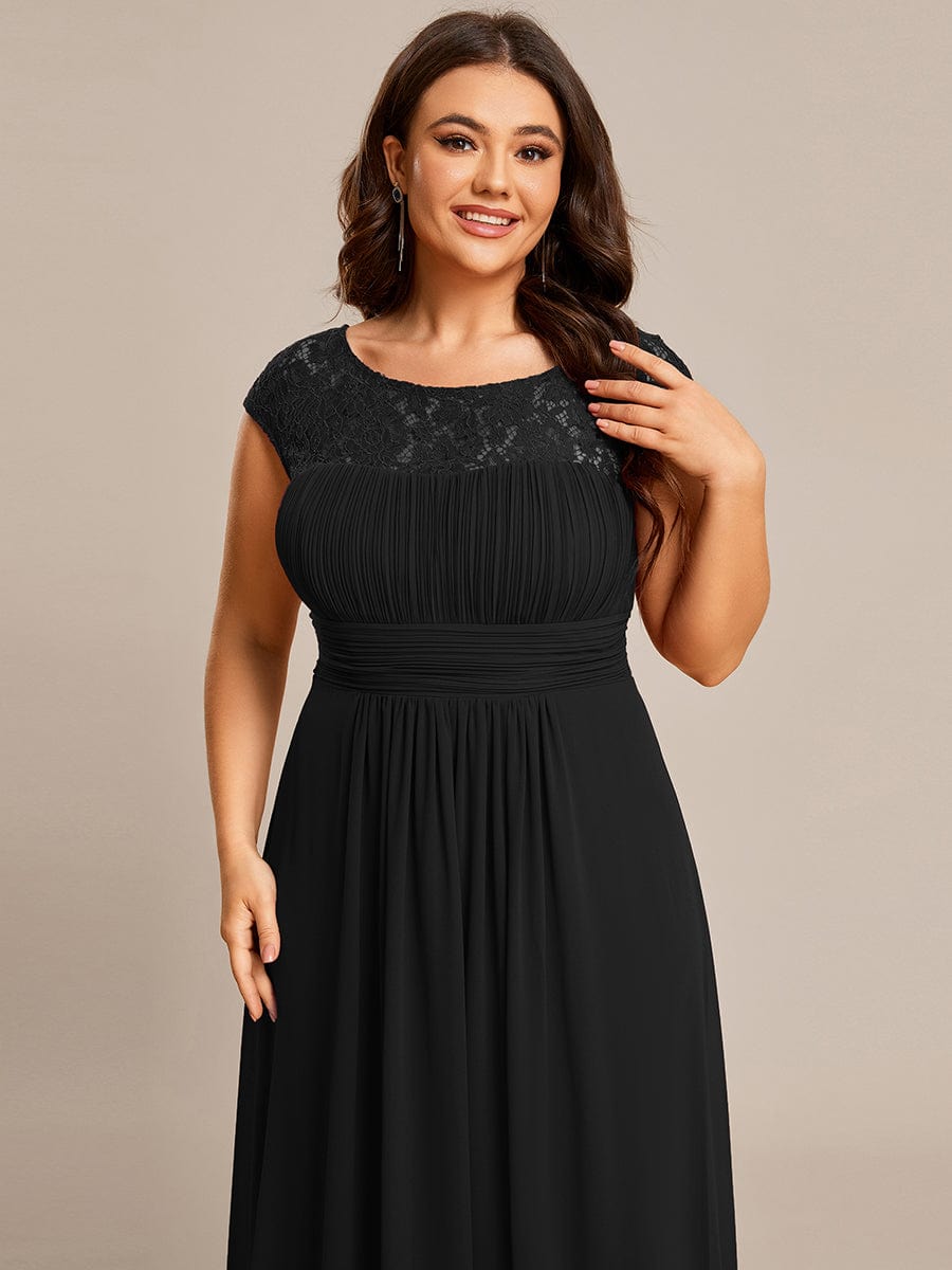 Elegant Chiffon Maxi Evening Dress with Lace Cap Sleeve #Color_Black