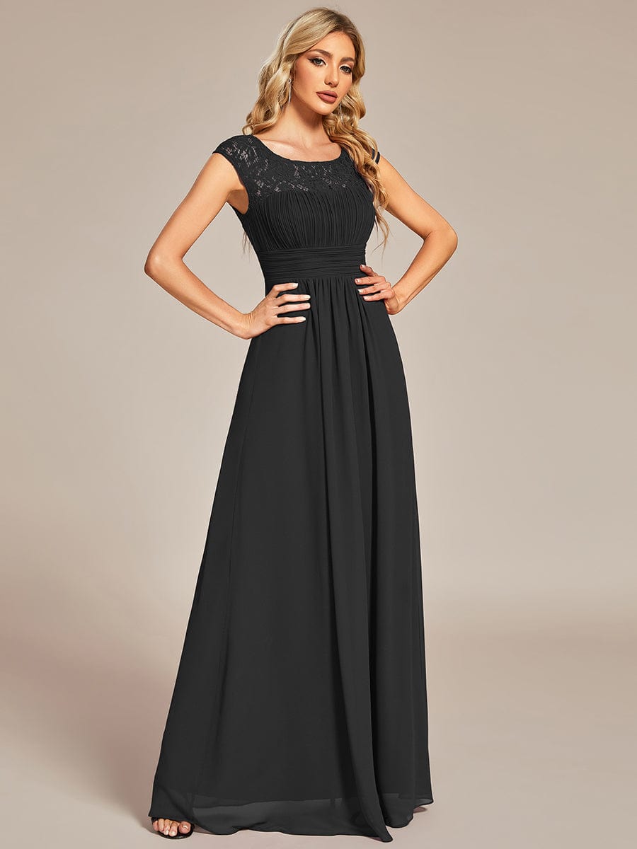 Elegant Chiffon Maxi Evening Dress with Lace Cap Sleeve #Color_Black