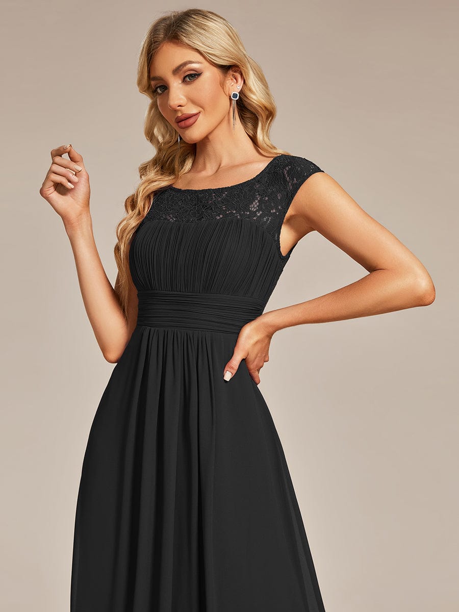 Elegant Chiffon Maxi Evening Dress with Lace Cap Sleeve #Color_Black