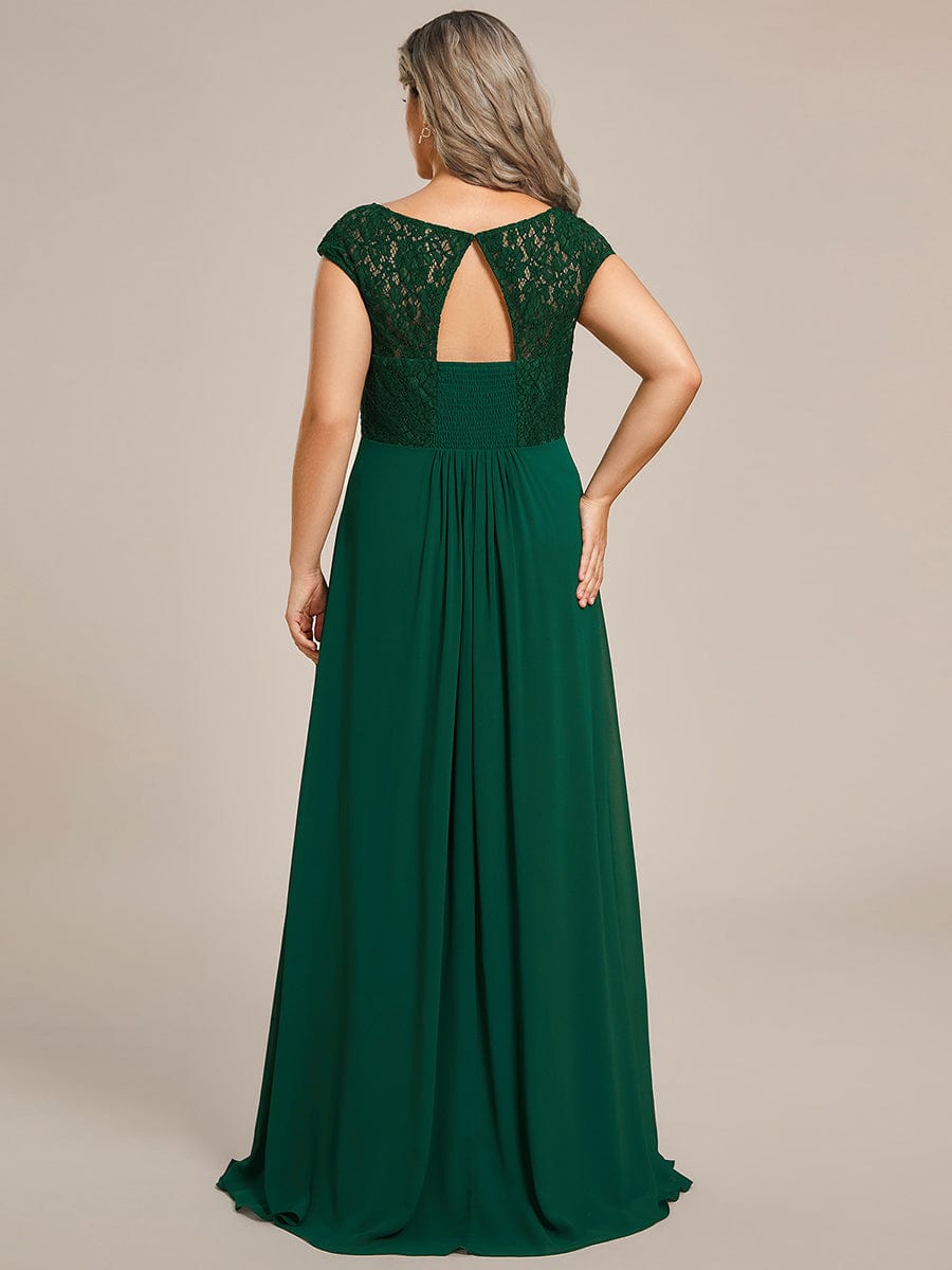 Elegant Chiffon Maxi Evening Dress with Lace Cap Sleeve #Color_Dark Green