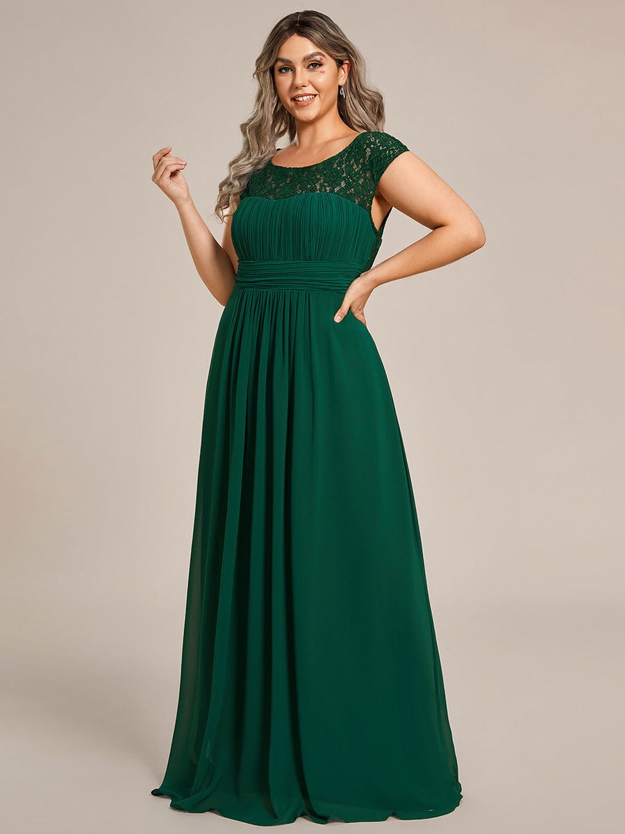 Elegant Chiffon Maxi Evening Dress with Lace Cap Sleeve #Color_Dark Green