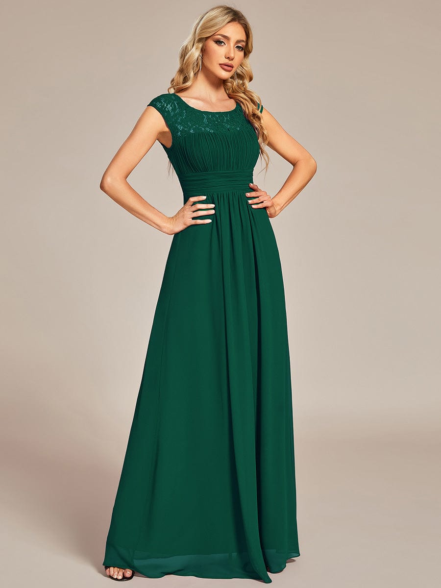 Elegant Chiffon Maxi Evening Dress with Lace Cap Sleeve #Color_Dark Green