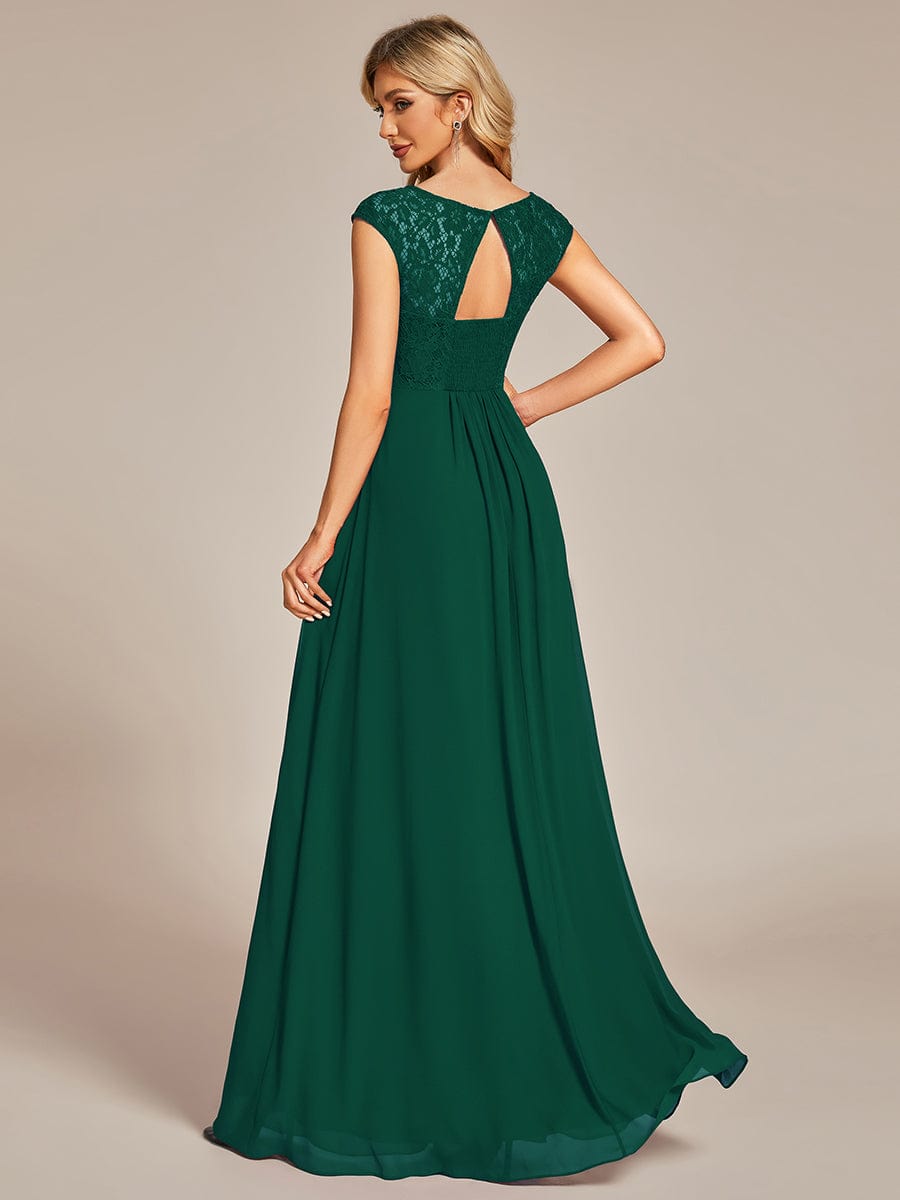 Elegant Chiffon Maxi Evening Dress with Lace Cap Sleeve #Color_Dark Green