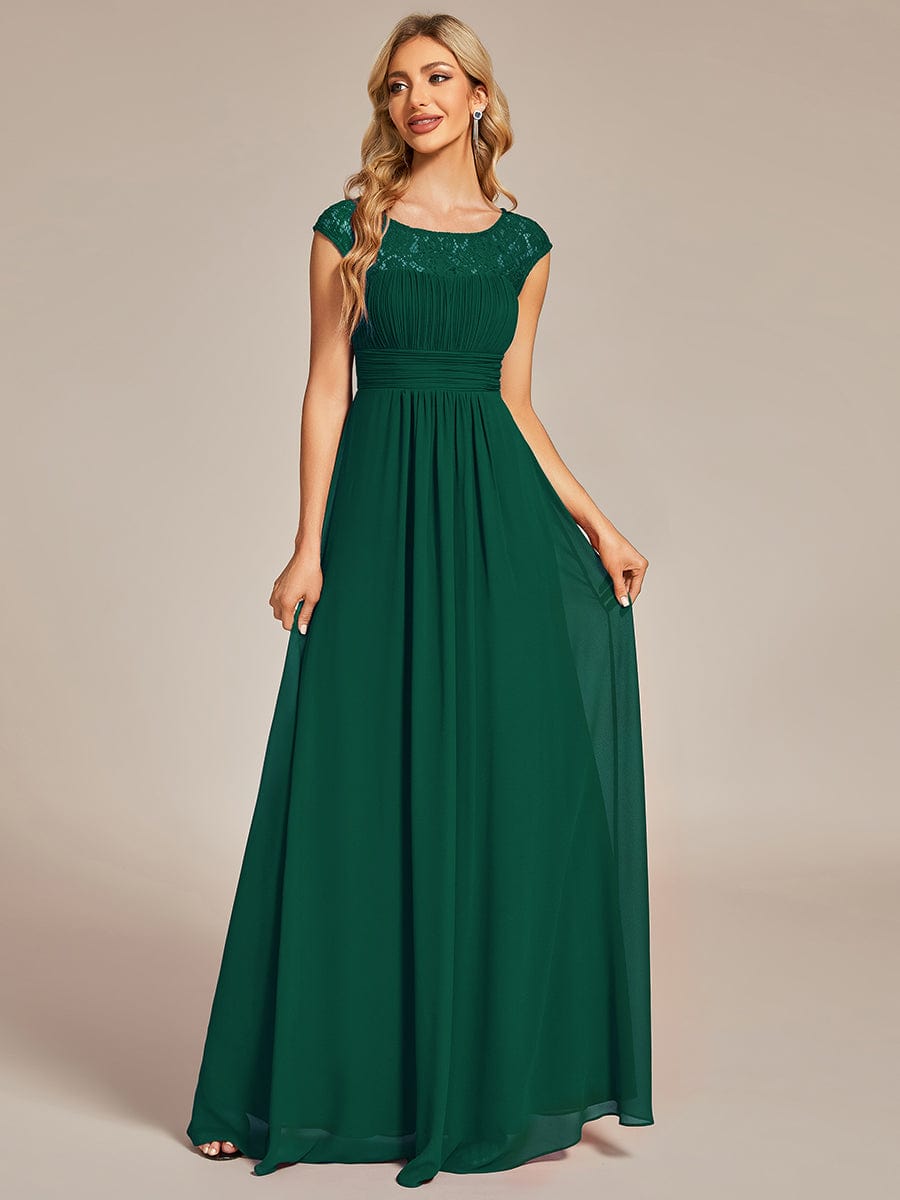 Elegant Chiffon Maxi Evening Dress with Lace Cap Sleeve #Color_Dark Green