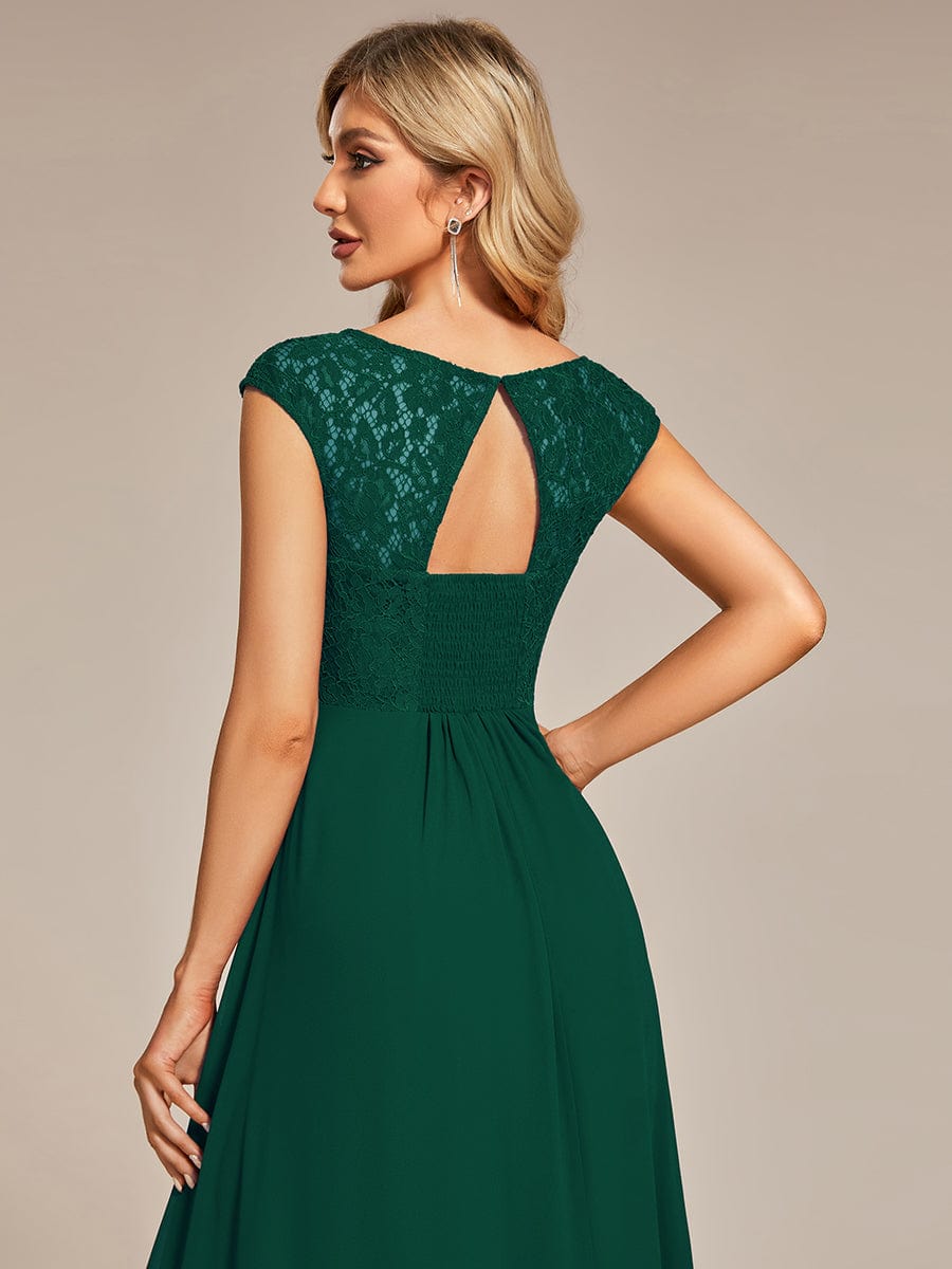 Elegant Chiffon Maxi Evening Dress with Lace Cap Sleeve #Color_Dark Green