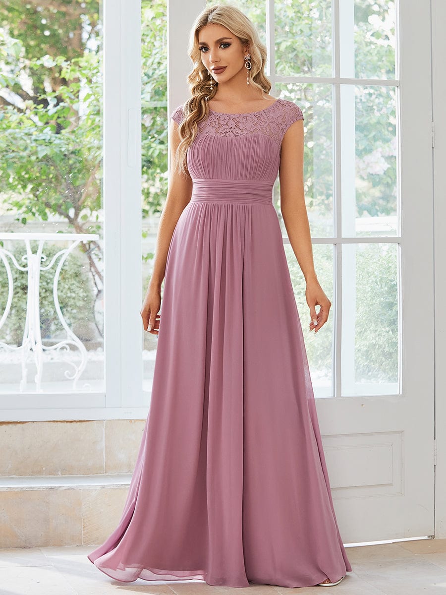 Elegant Chiffon Maxi Evening Dress with Lace Cap Sleeve  #Color_Purple Orchid