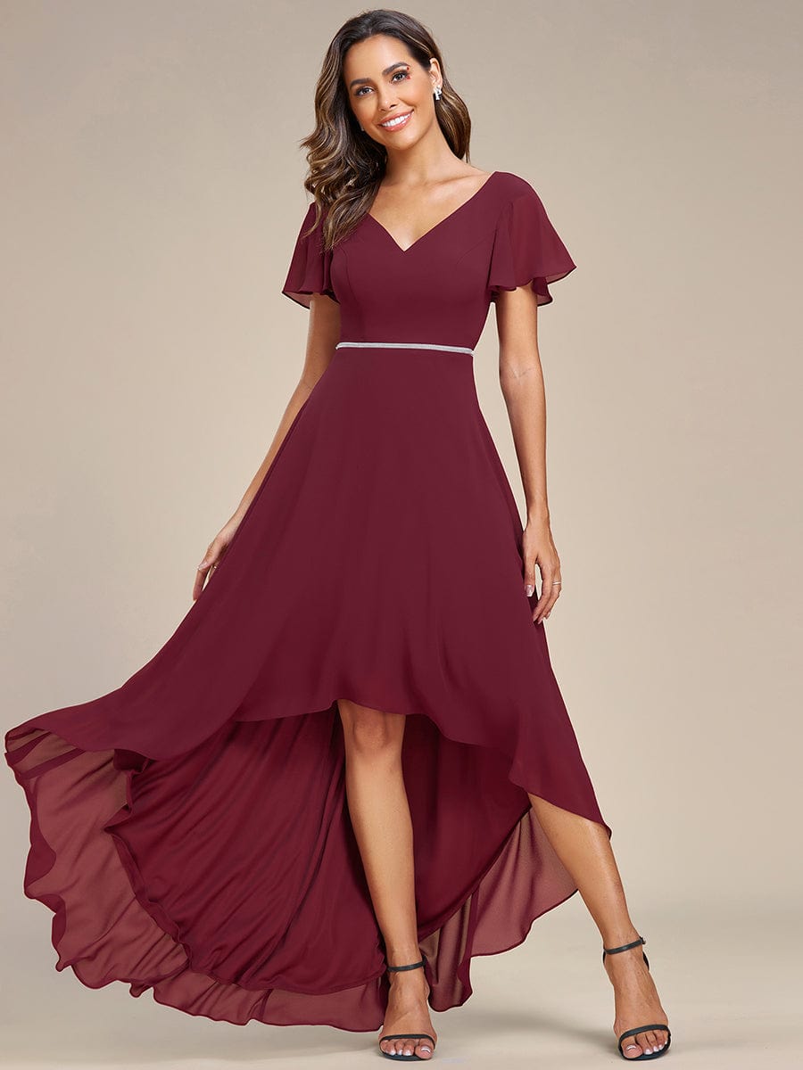 Flowy High-low Chiffon Ruffle Sleeves Bridesmaid Dress #Color_Burgundy