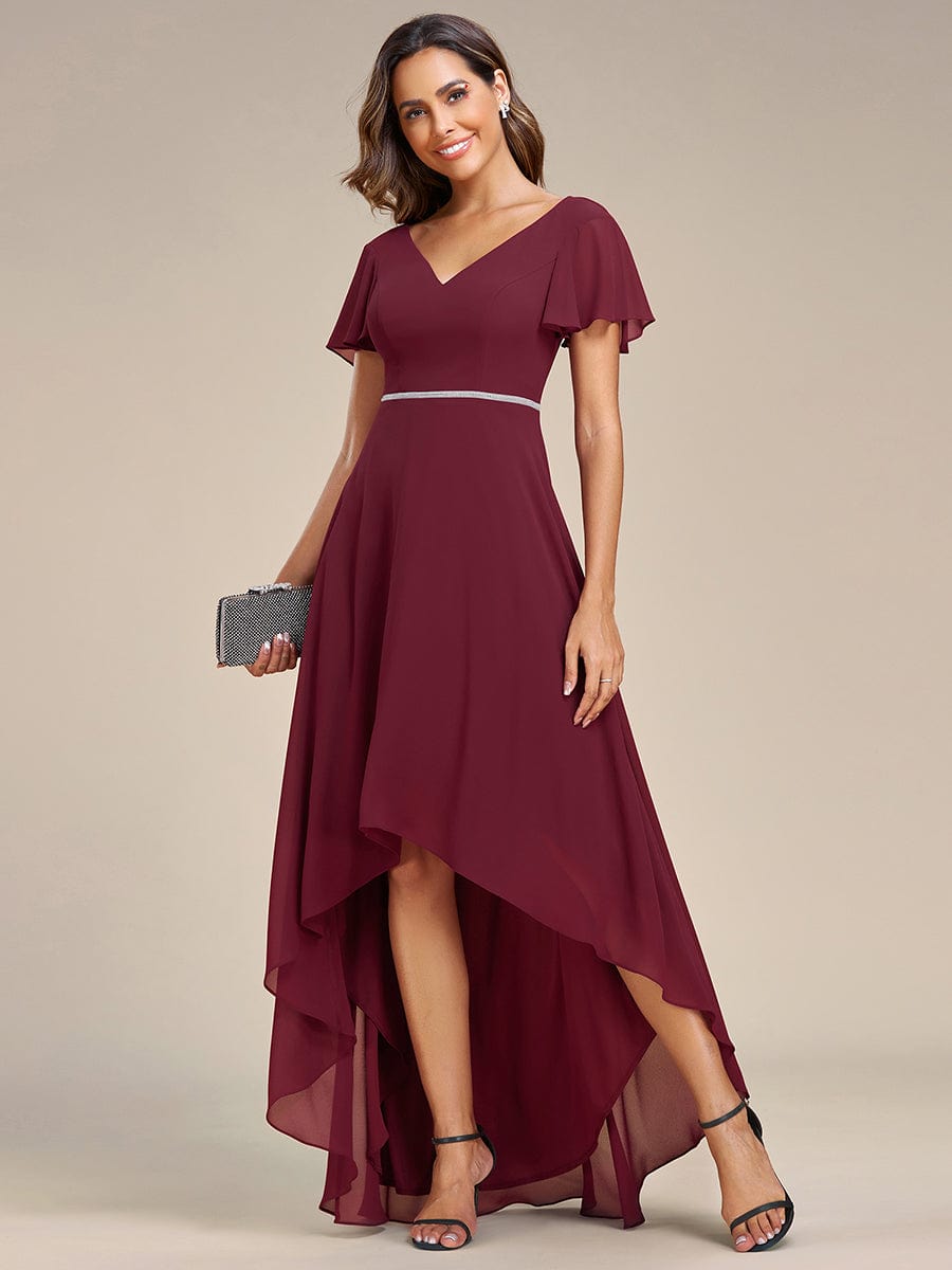 Flowy High-low Chiffon Ruffle Sleeves Bridesmaid Dress #Color_Burgundy