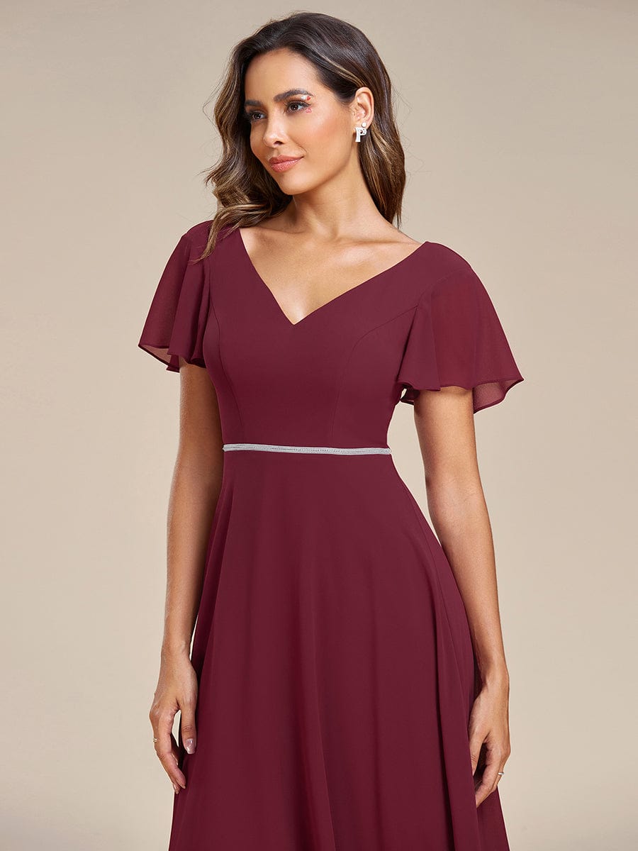 Flowy High-low Chiffon Ruffle Sleeves Bridesmaid Dress #Color_Burgundy