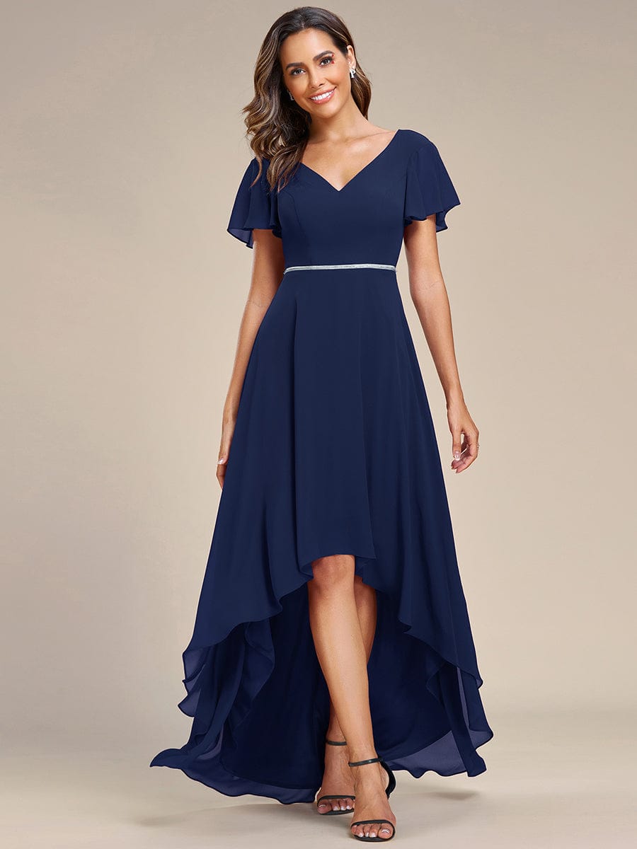 Flowy High-low Chiffon Ruffle Sleeves Bridesmaid Dress #Color_Navy Blue