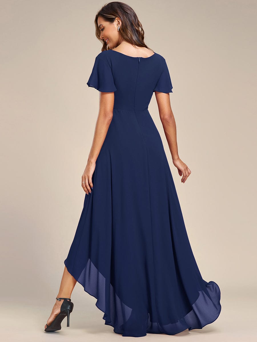 Flowy High-low Chiffon Ruffle Sleeves Bridesmaid Dress #Color_Navy Blue