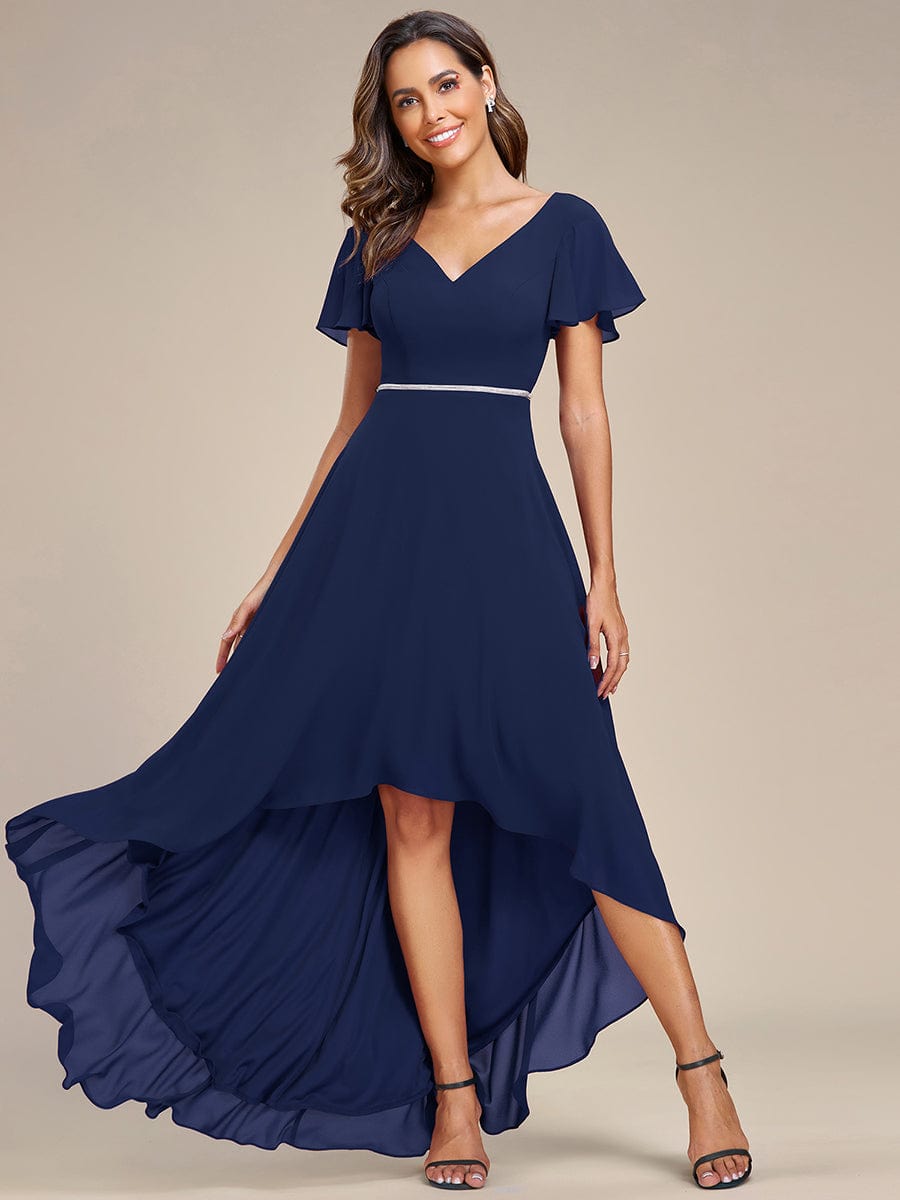 Flowy High-low Chiffon Ruffle Sleeves Bridesmaid Dress #Color_Navy Blue