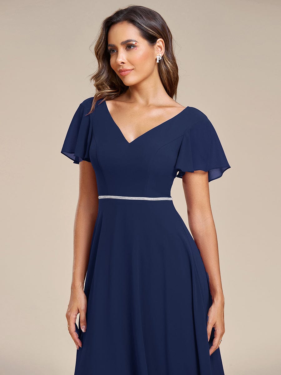 Flowy High-low Chiffon Ruffle Sleeves Bridesmaid Dress #Color_Navy Blue