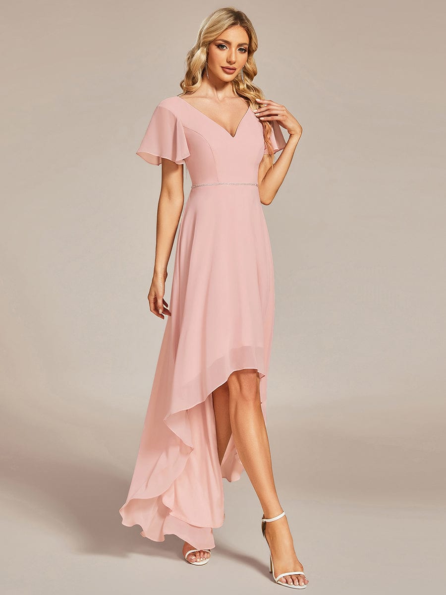 Flowy High-low Chiffon Ruffle Sleeves Bridesmaid Dress #Color_Pink