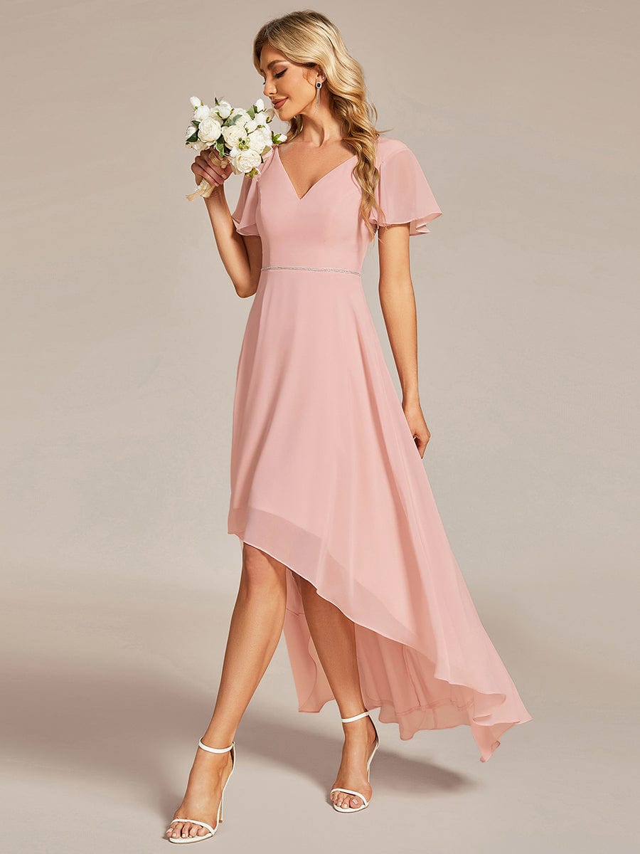 Flowy High-low Chiffon Ruffle Sleeves Bridesmaid Dress #Color_Pink