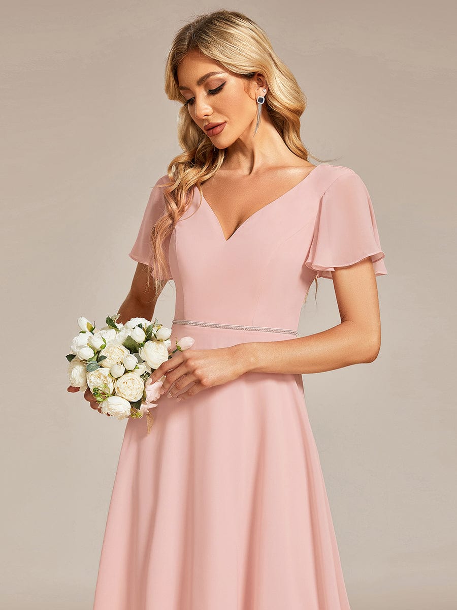 Flowy High-low Chiffon Ruffle Sleeves Bridesmaid Dress #Color_Pink