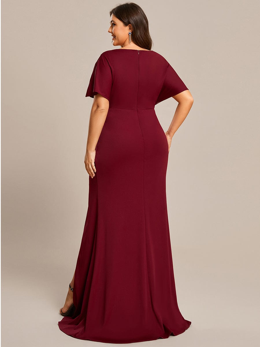 Pleated High Split Hollow Out Sequin Sleeve V-Neck Evening Dress #color_Burgundy