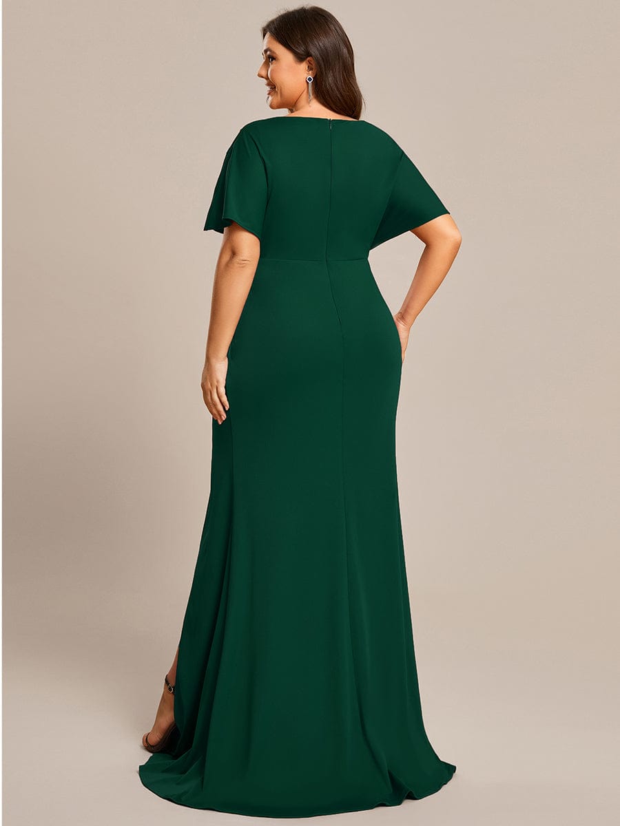 Pleated High Split Hollow Out Sequin Sleeve V-Neck Evening Dress #color_Dark Green