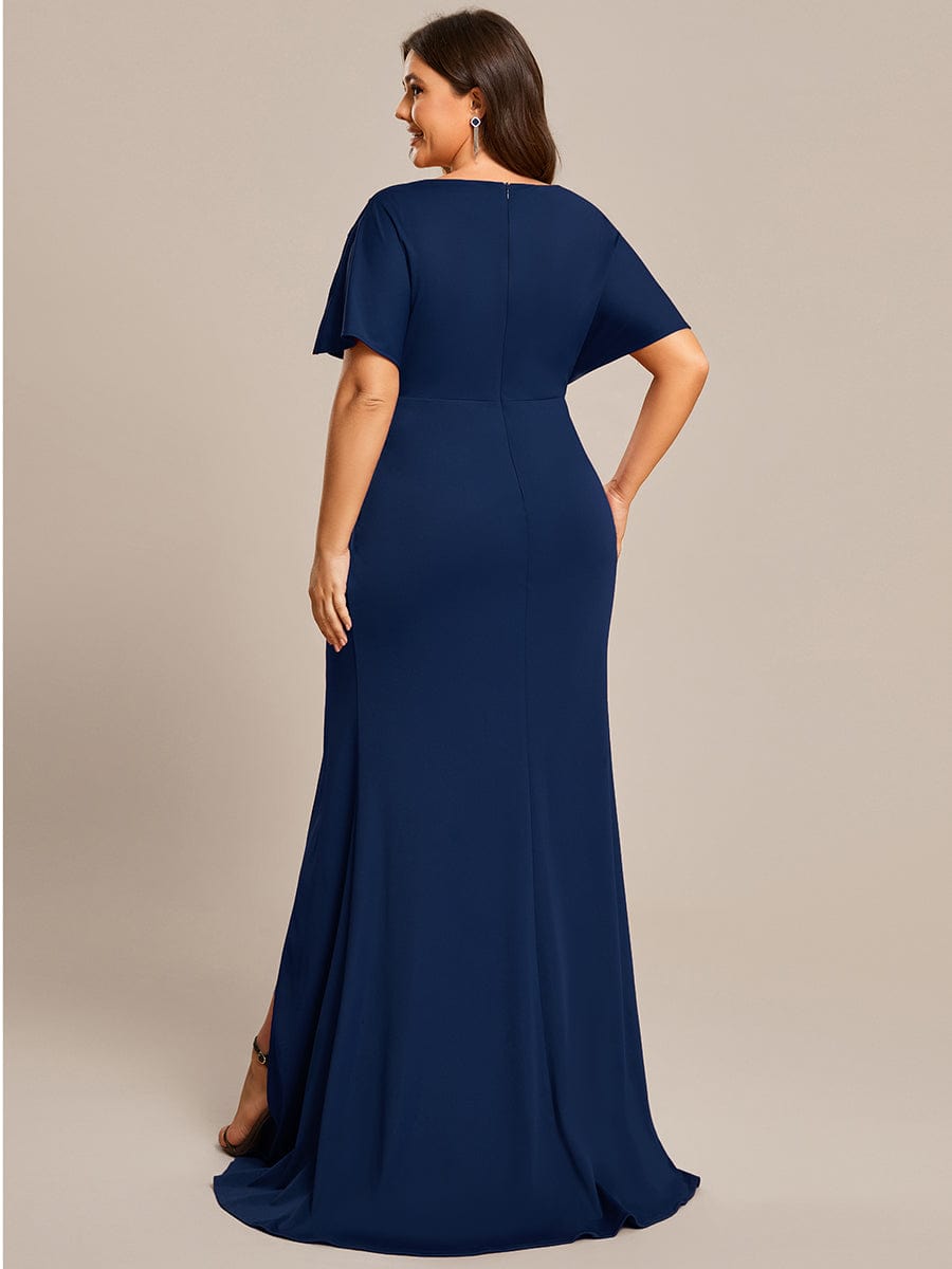 Plus Size Sequin Sleeve High Split Evening Dress with Pleated #color_Navy Blue