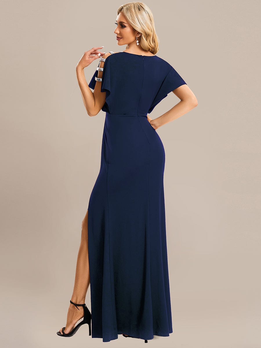 Pleated High Split Hollow Out Sequin Sleeve V-Neck Evening Dress #color_Navy Blue