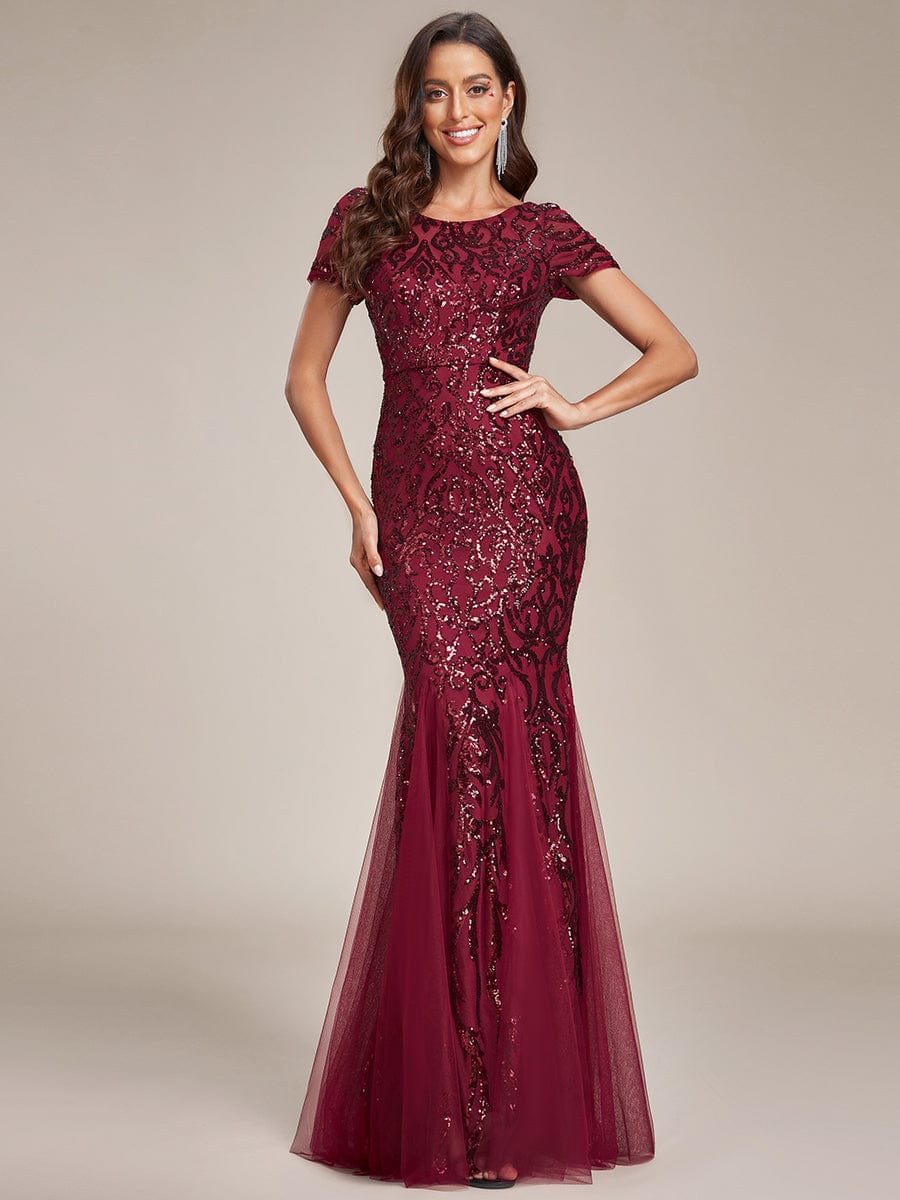 Luxurious Sequin Bodycon Round Neckline Mermaid Evening Dress #color_Burgundy