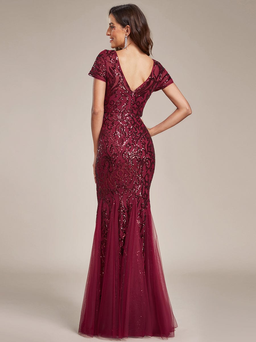 Luxurious Sequin Bodycon Round Neckline Mermaid Evening Dress #color_Burgundy