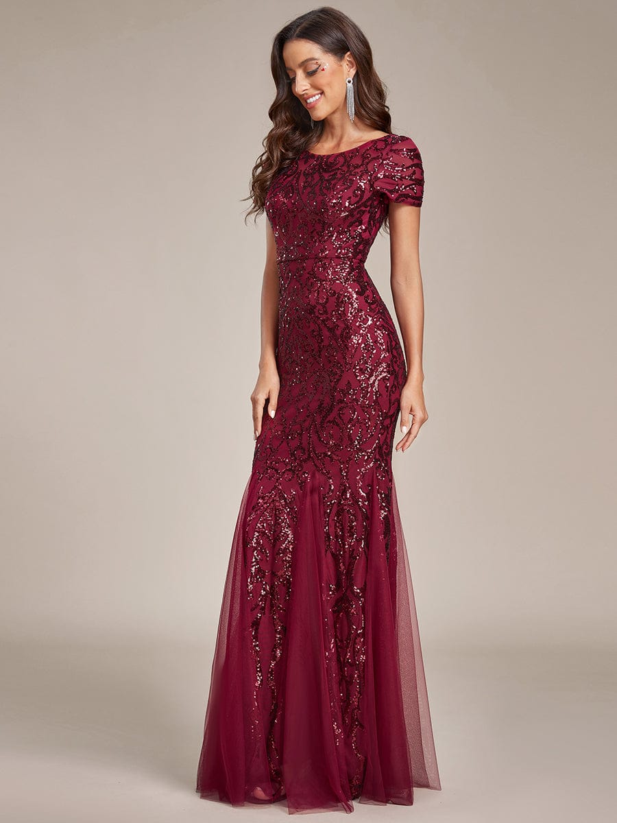 Luxurious Sequin Bodycon Round Neckline Mermaid Evening Dress #color_Burgundy