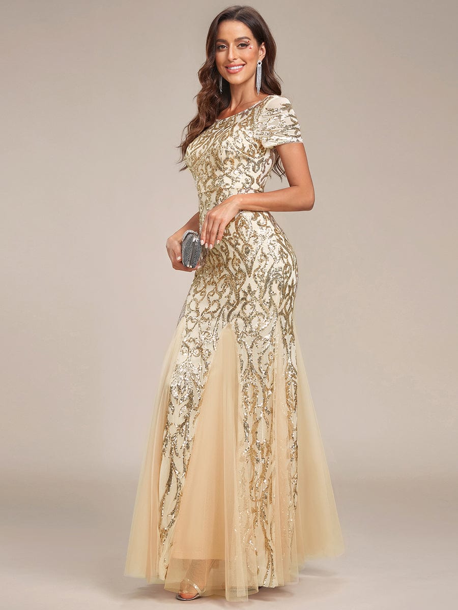 Luxurious Sequin Bodycon Round Neckline Mermaid Evening Dress #color_Gold