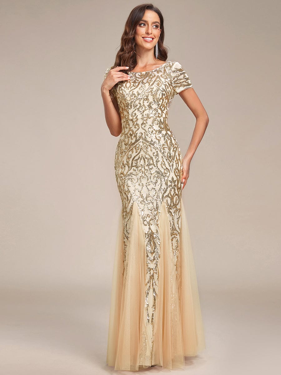 Luxurious Sequin Bodycon Round Neckline Mermaid Evening Dress #color_Gold