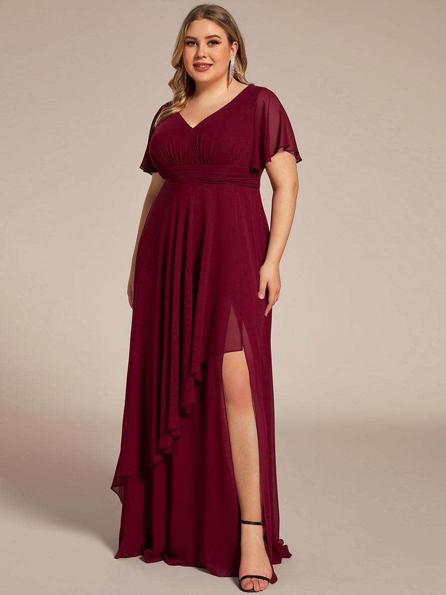 Plus Size High Split Louts Leaf Empire Waist Chiffon Evening Dress #color_Burgundy