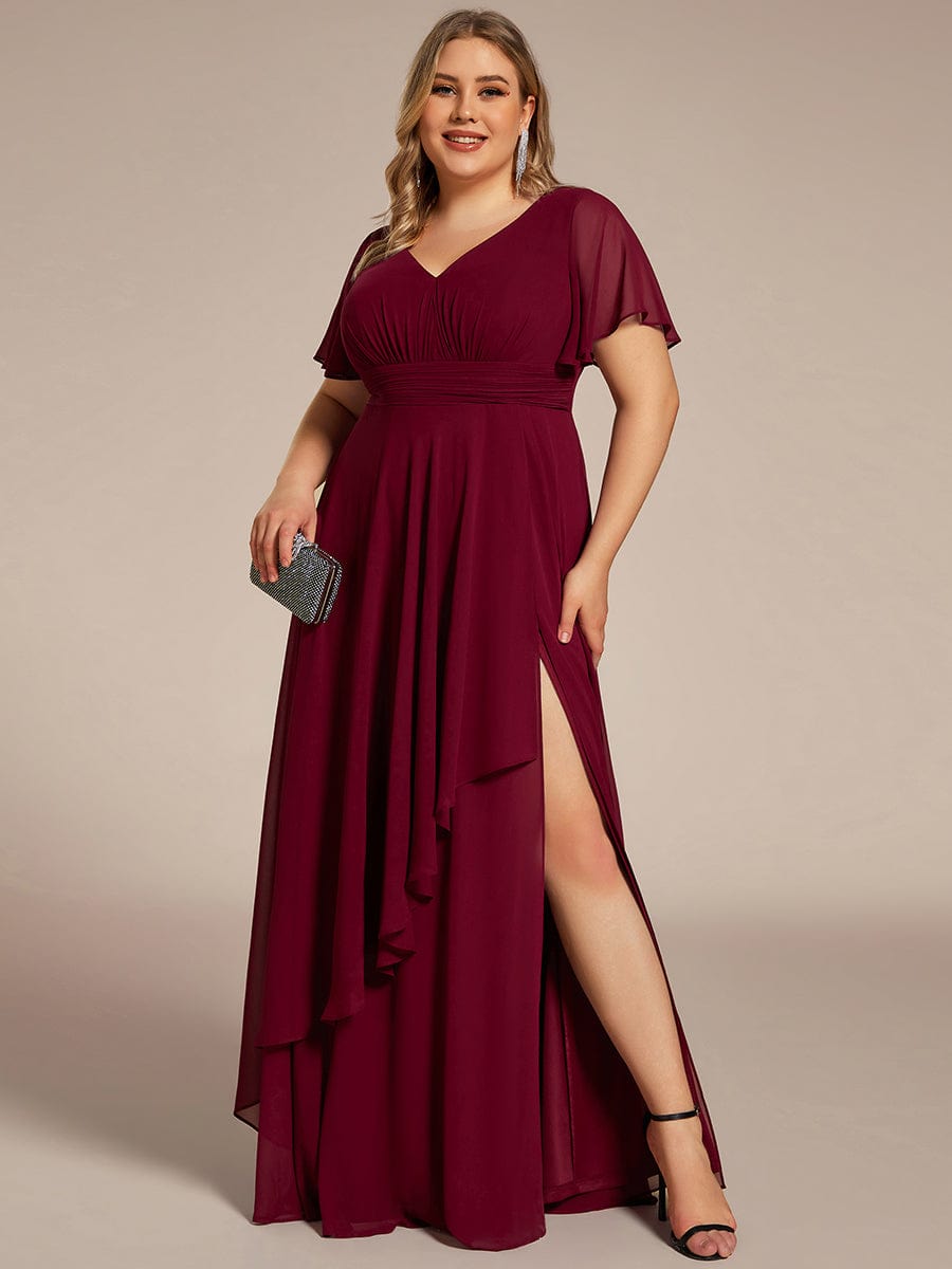 Plus Size High Split Louts Leaf Empire Waist Chiffon Evening Dress #color_Burgundy