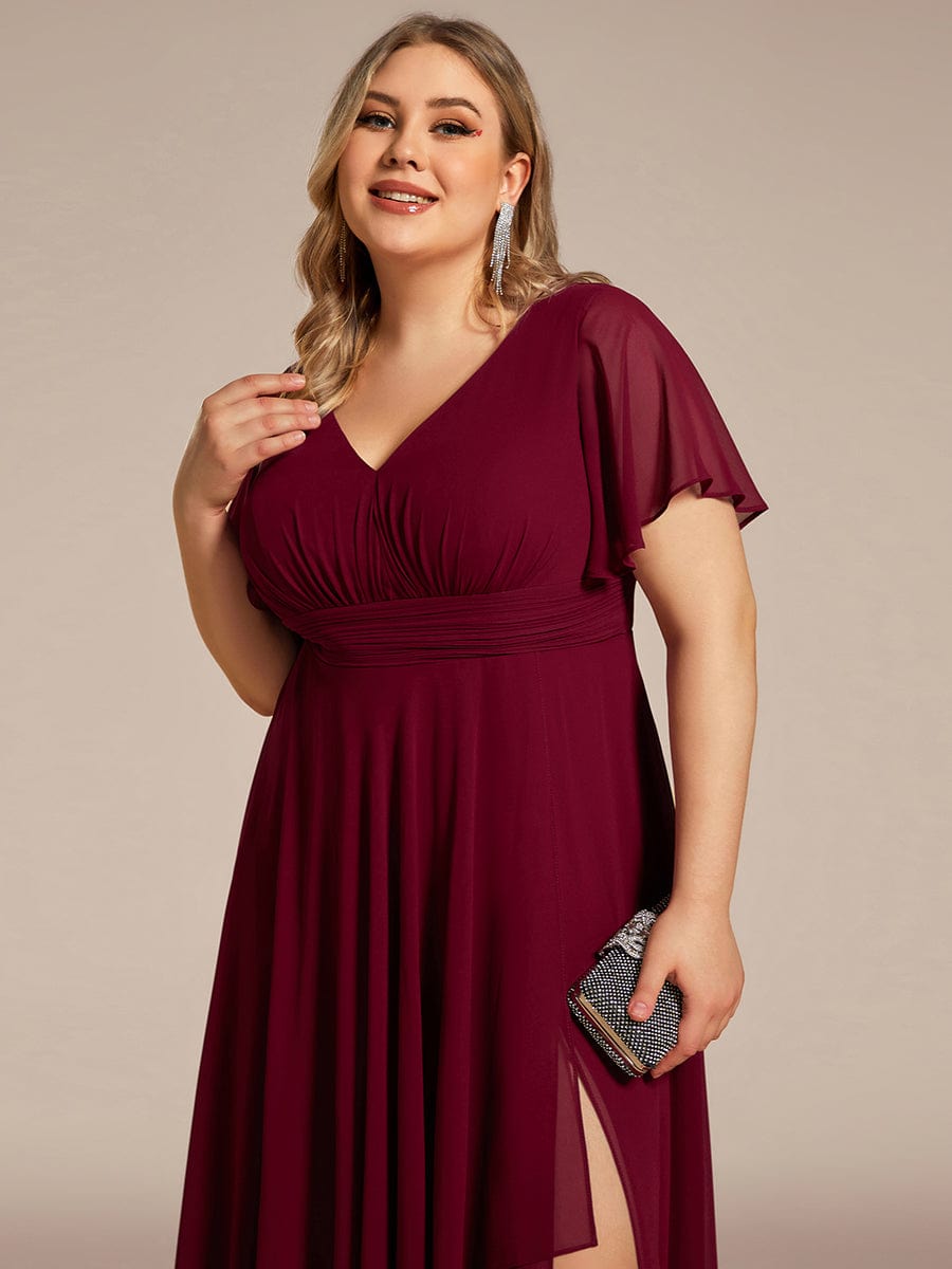 Plus Size High Split Louts Leaf Empire Waist Chiffon Evening Dress #color_Burgundy