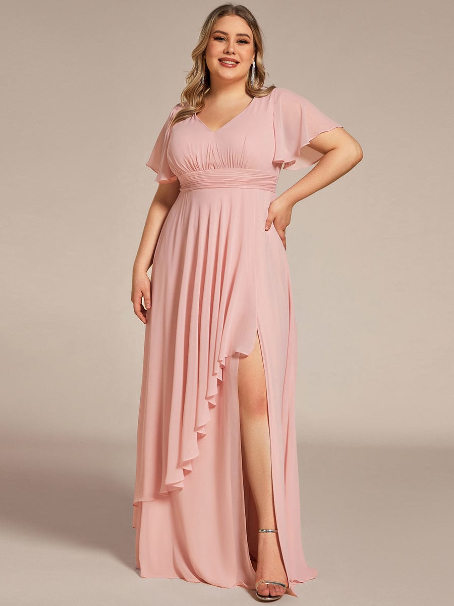 Plus Size High Split Louts Leaf Empire Waist Chiffon Evening Dress #color_Pink