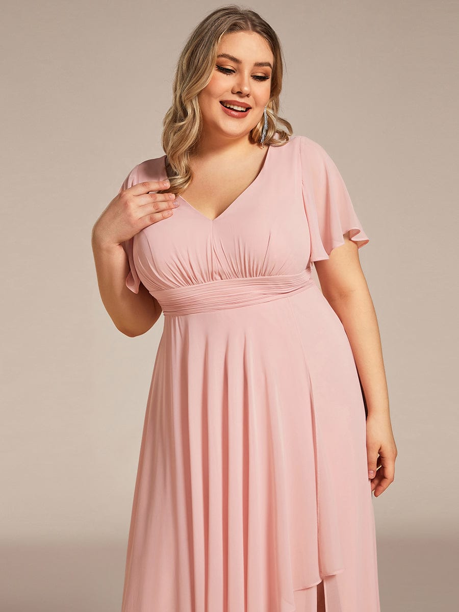 Plus Size High Split Louts Leaf Empire Waist Chiffon Evening Dress #color_Pink