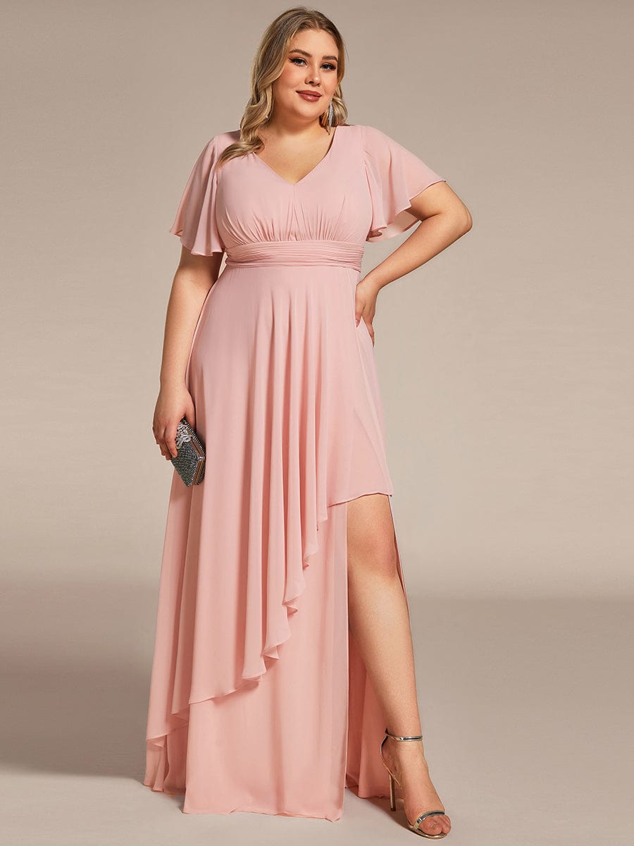 Plus Size High Split Louts Leaf Empire Waist Chiffon Evening Dress #color_Pink