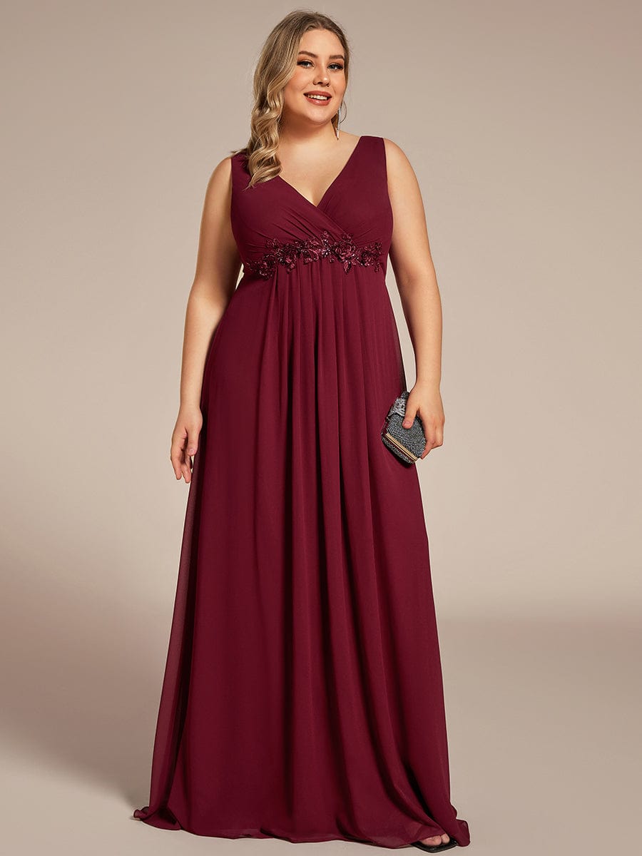 Plus Size Floral Applique Sleeveless Chiffon Formal Evening Dress #color_Burgundy