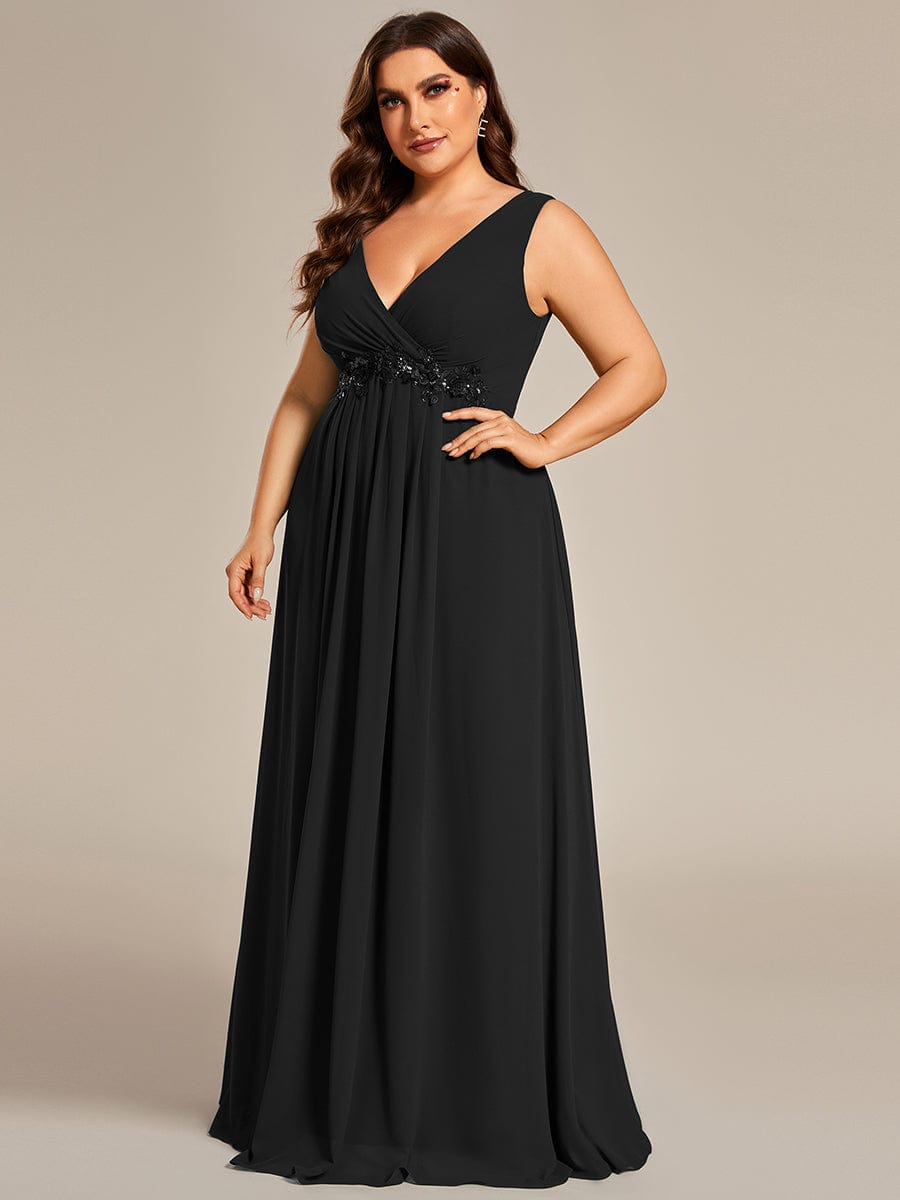 Plus Size Floral Applique Sleeveless Chiffon Formal Evening Dress #color_Black