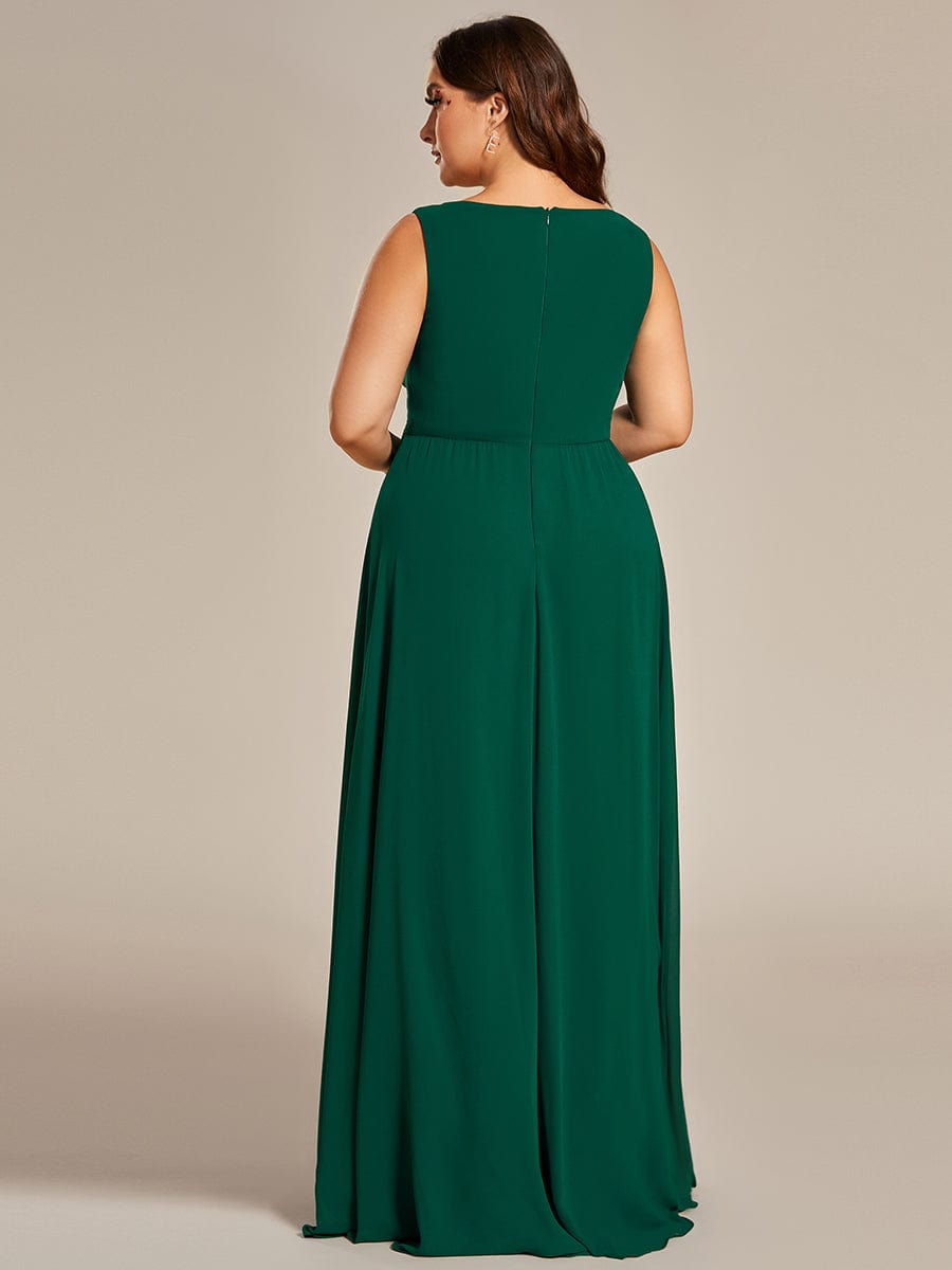 Plus Size Floral Applique Sleeveless Chiffon Formal Evening Dress #color_Dark Green