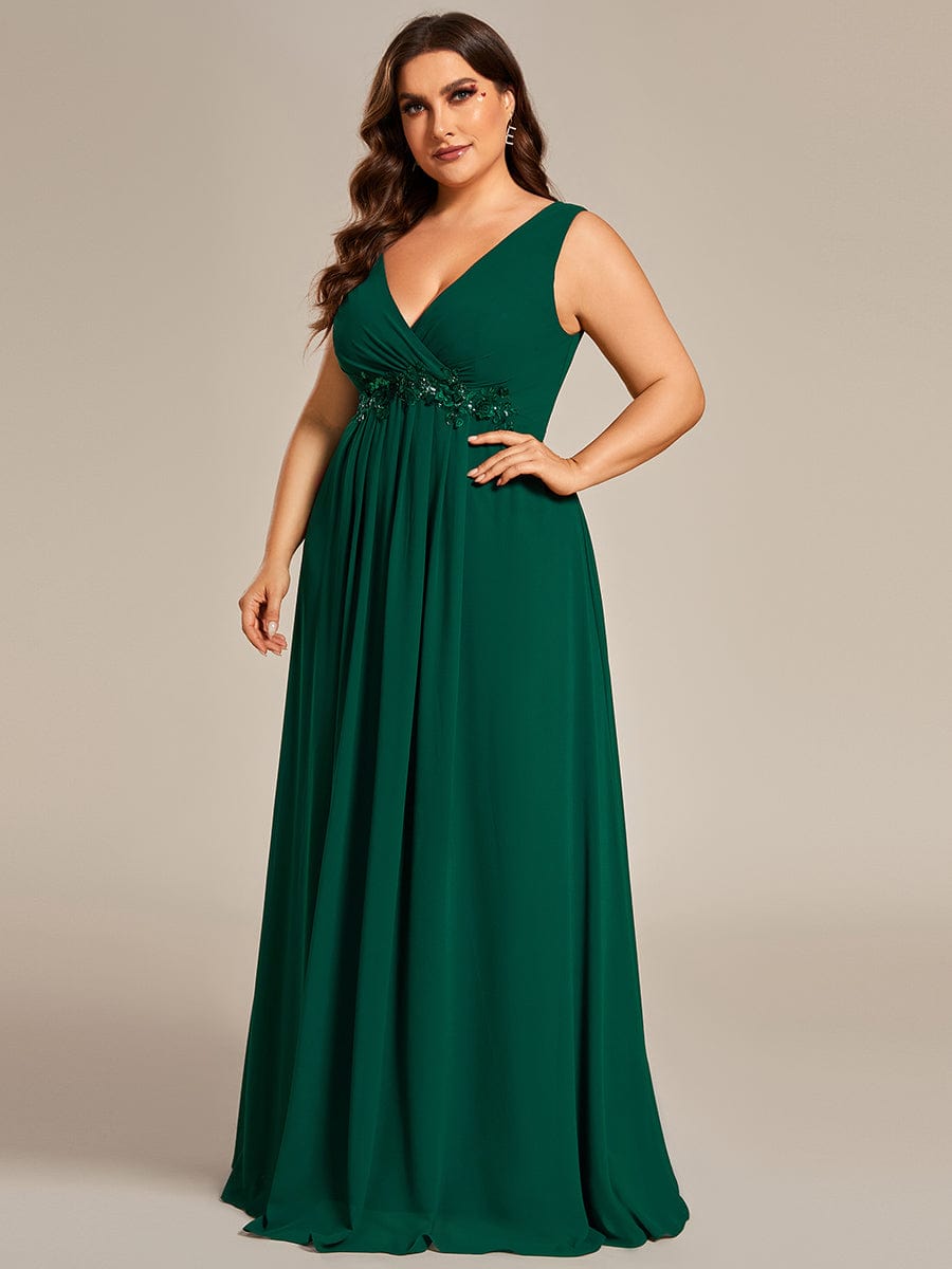 Plus Size Floral Applique Sleeveless Chiffon Formal Evening Dress #color_Dark Green