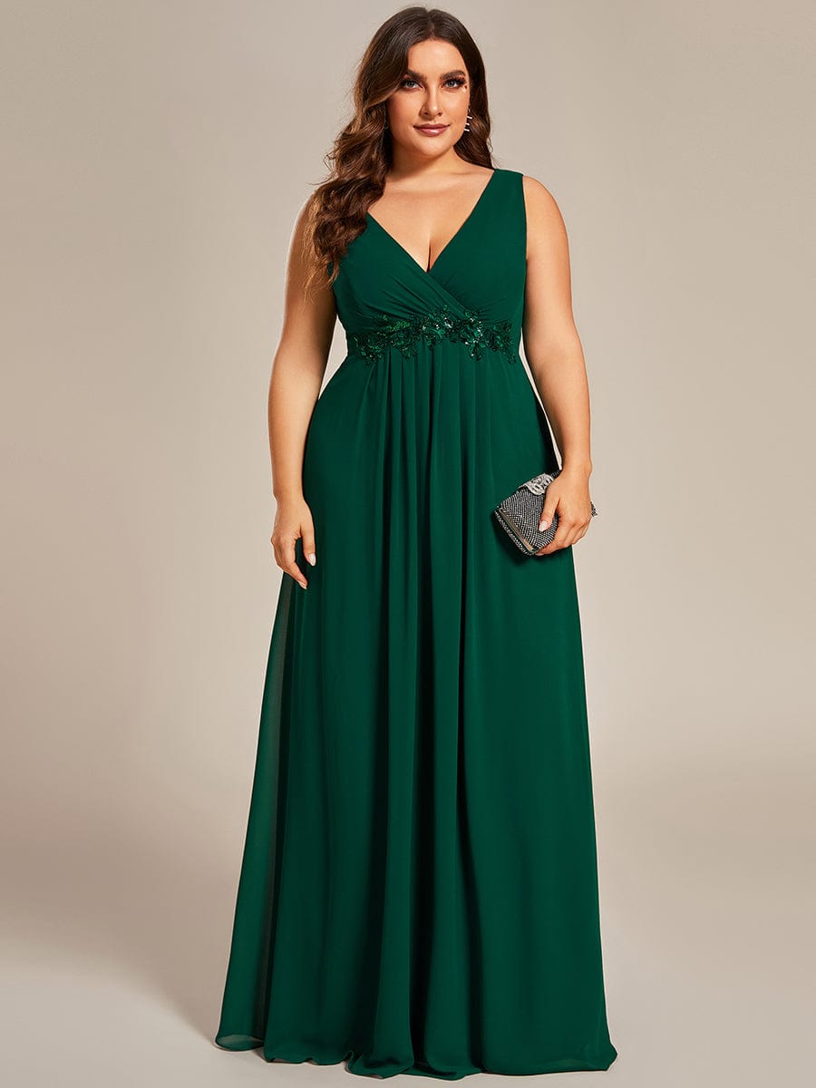 Plus Size Floral Applique Sleeveless Chiffon Formal Evening Dress #color_Dark Green