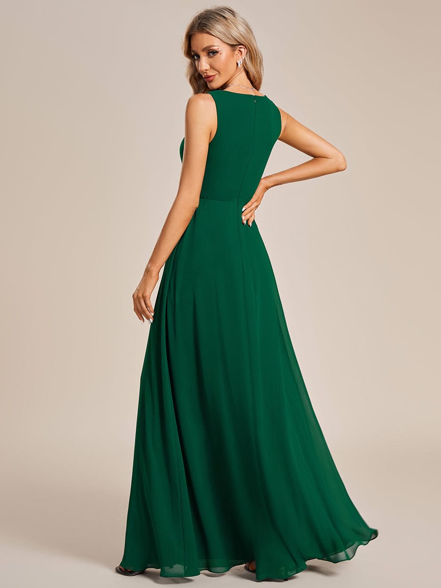 Floral Applique Sleeveless Chiffon Long Formal Evening Dress #color_Dark Green