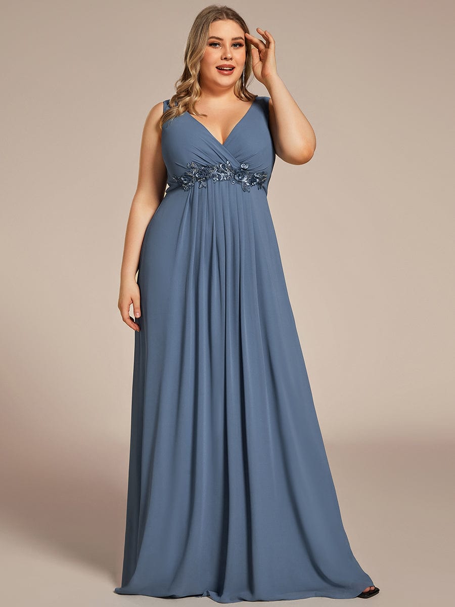 Plus Size Floral Applique Sleeveless Chiffon Formal Evening Dress #color_Dusty Navy