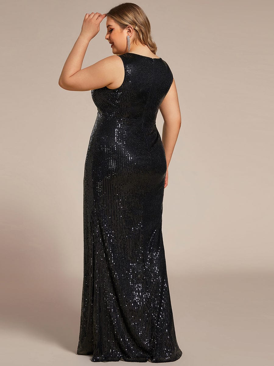 Plus Size Red Formal Sequin See-Through High Slit Satin Maxi Dress